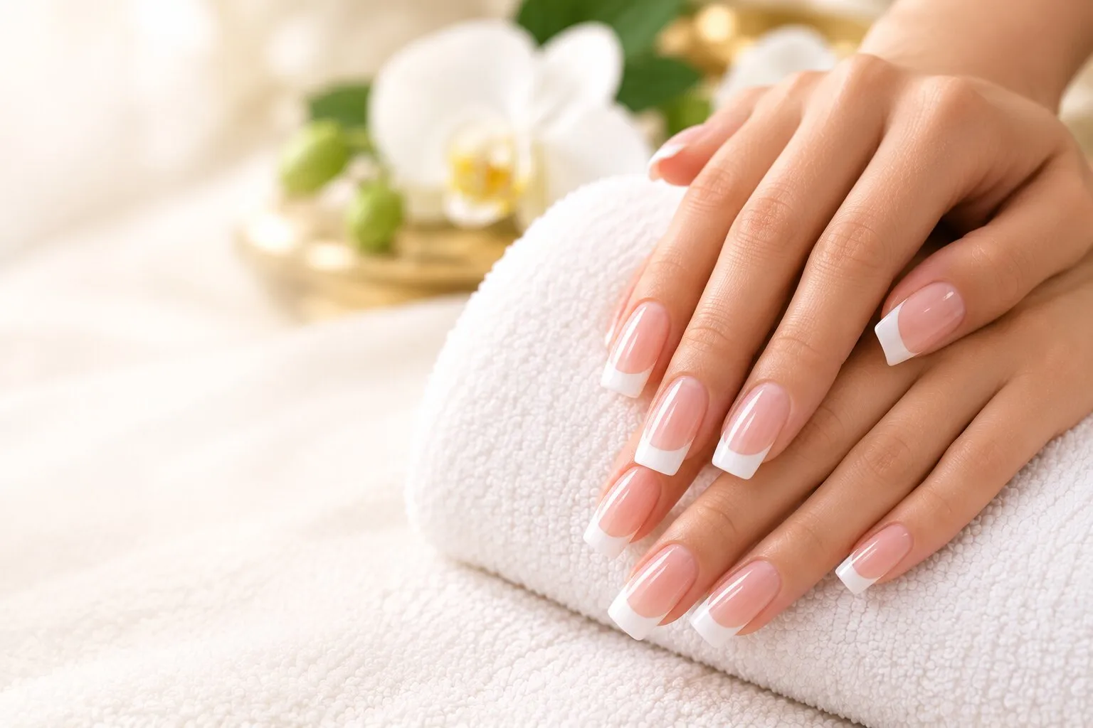 Hands with a pink and white French manicure on a towel