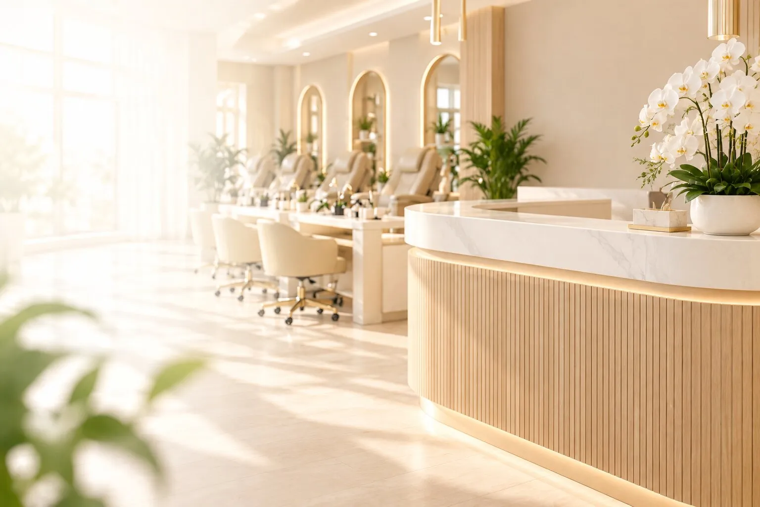 Salon front desk and manicure stations