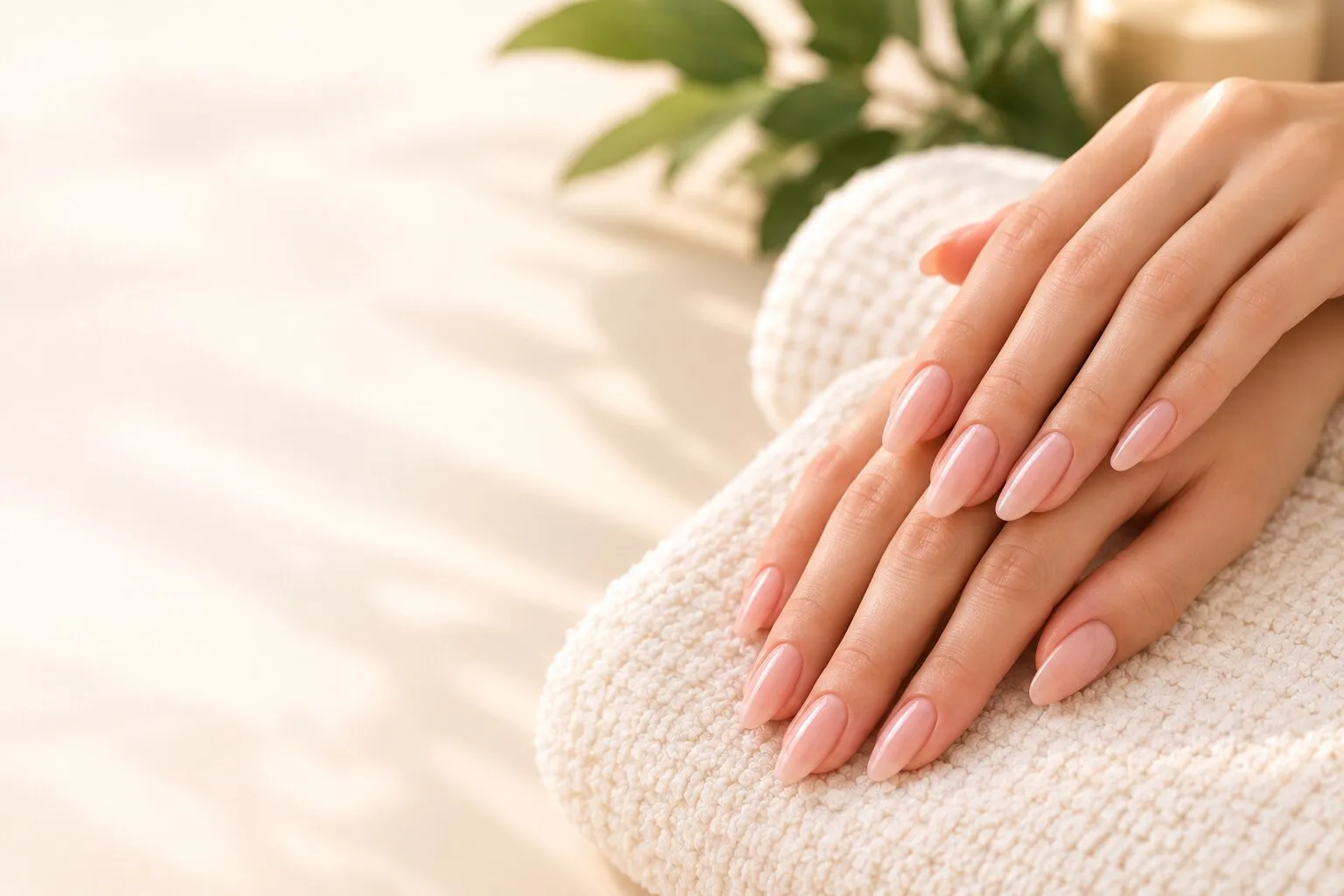 Hands with soft pink almond nails