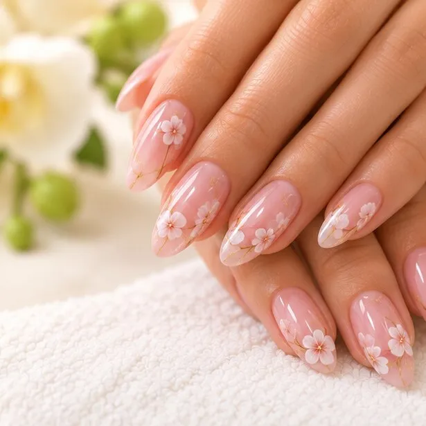 Floral nail art on nude pink