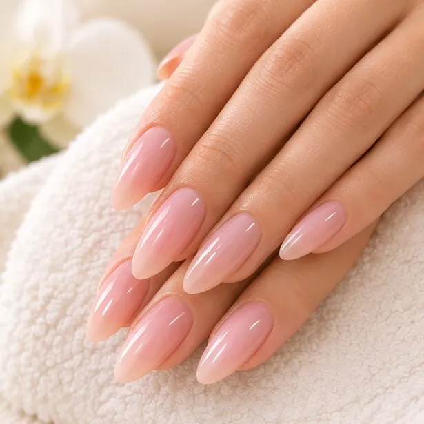 Nude almond Gel-X nails