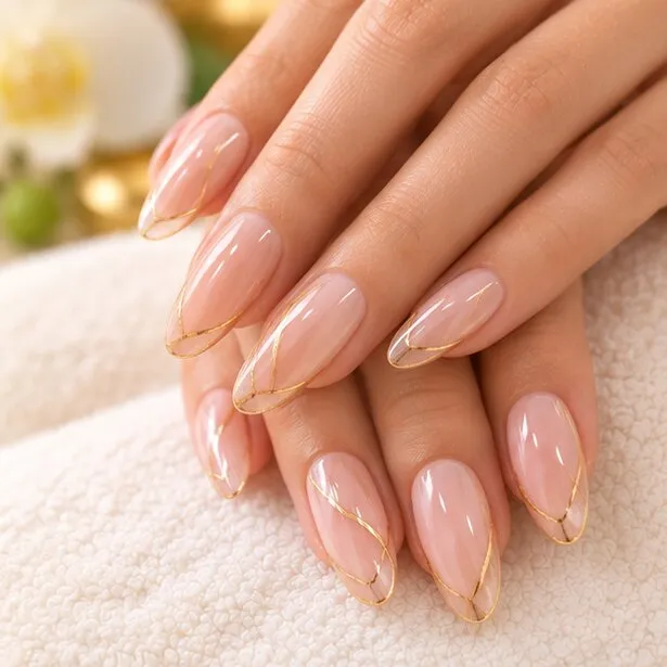 Nude Gel-X nails with a fine gold line