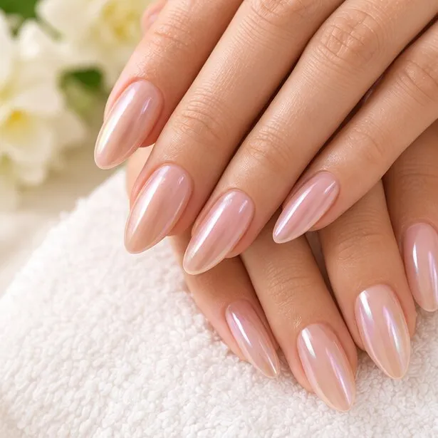 Nude dip powder with a soft chrome shine